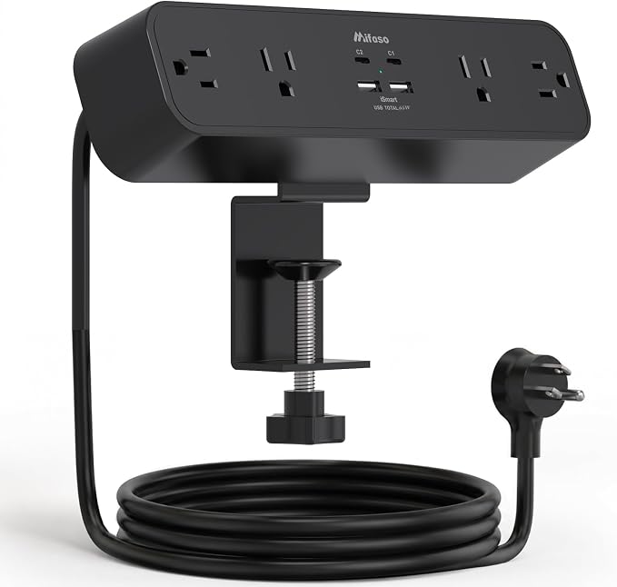 Mifaso PD65W Desk Clamp Power Strip, 1080J Surge Protector, 2 USB C | 4 Outlets by Mifaso
