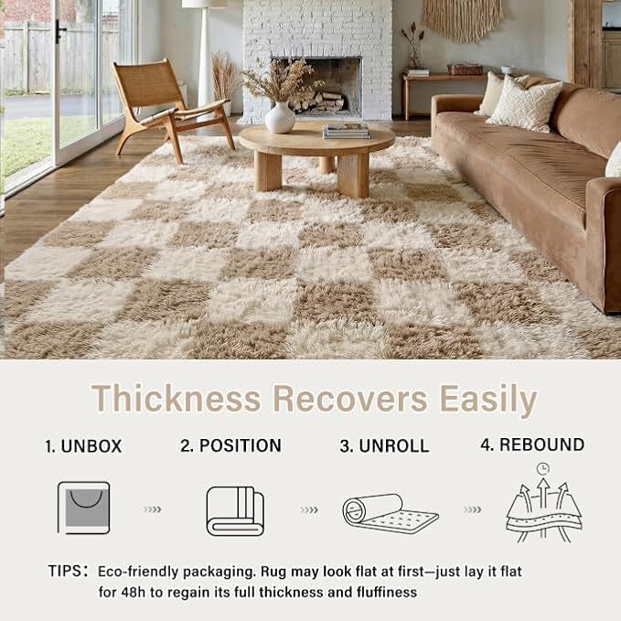 Beige 5x7 Area Rug for Living Room Soft Checkered Shag Carpet | Machine Washable - Image 4