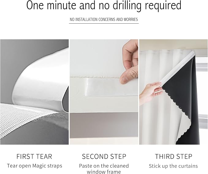 AJAZZ 100% Blackout Stick Curtain Portable Black Out Curtains Adhesive Curtains - Image 3