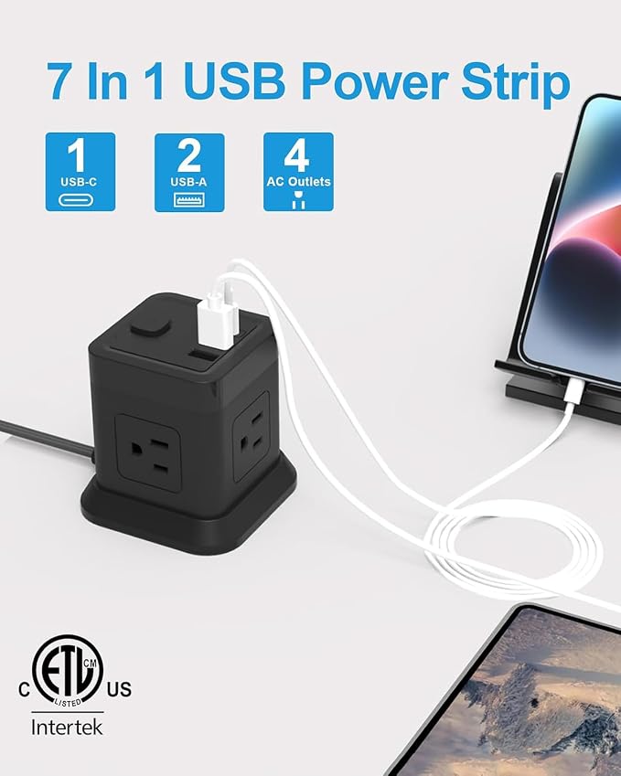 FDTEK 15 FT Extension Cord Power Strip USB C, 4 Outlets 3 USB Ports Black | - Image 2
