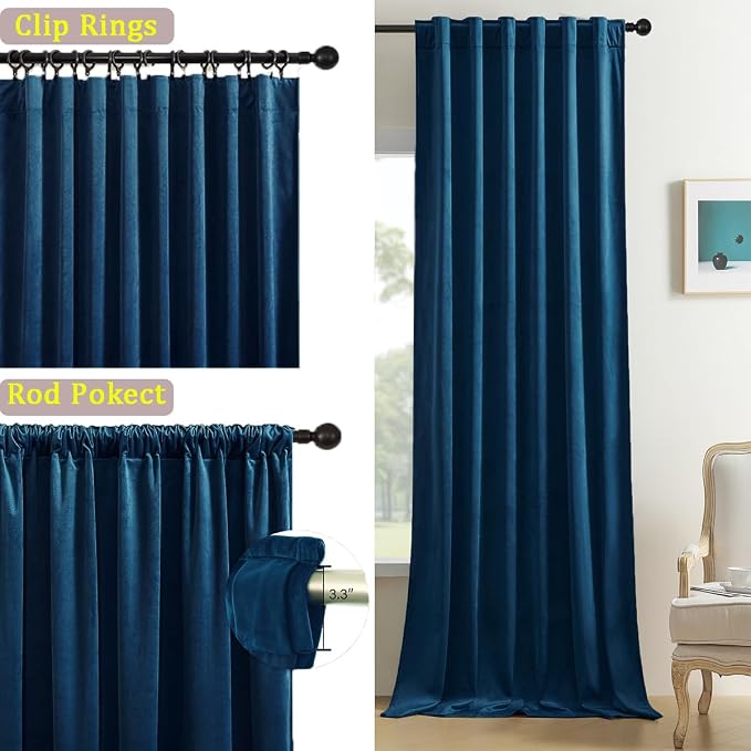 Timeper Dark Blue Velvet Curtains W52 x L108 inches 2 Panels, Back Tab & Rod - Image 2