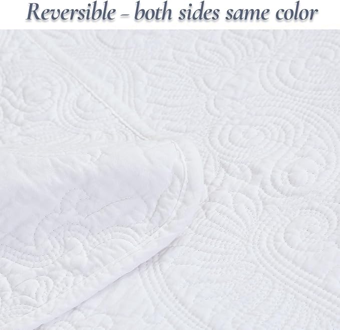 Cozy Line Home Fashions Solid White 100% Cotton Quilt Set, Queen | 3-Piece - Image 3