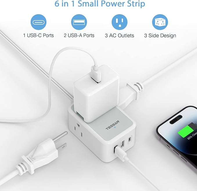 TESSAN Small Flat Plug Power Strip, Ultra Thin Extension Cord 10 ft, Wall - Image 4
