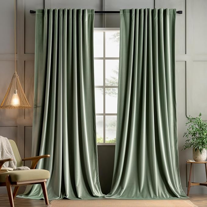 MIULEE Sage Green Velvet Pinch Pleat Blackout Curtains W52 X L96 Inches | 2 - Image 2