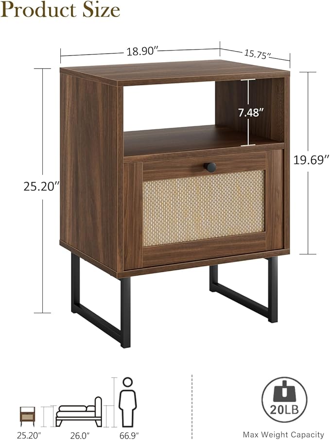 Masupu Extra Large Rattan Nightstand, Modern Boho Farmhouse Wood Bedside Table - Image 2