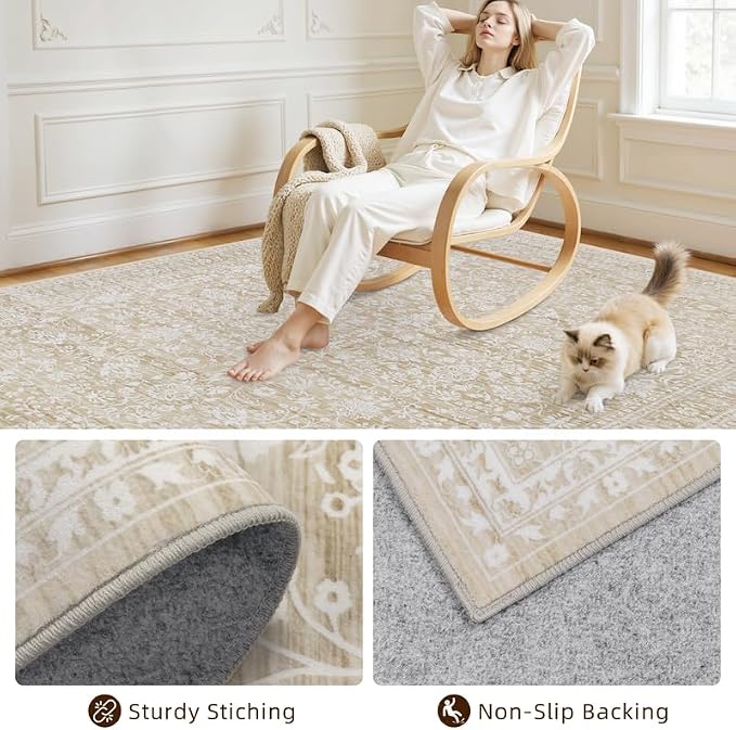 6x9 Area Rugs Living Room: Bedroom Washable Carpet Natural Beige | Large - Image 4
