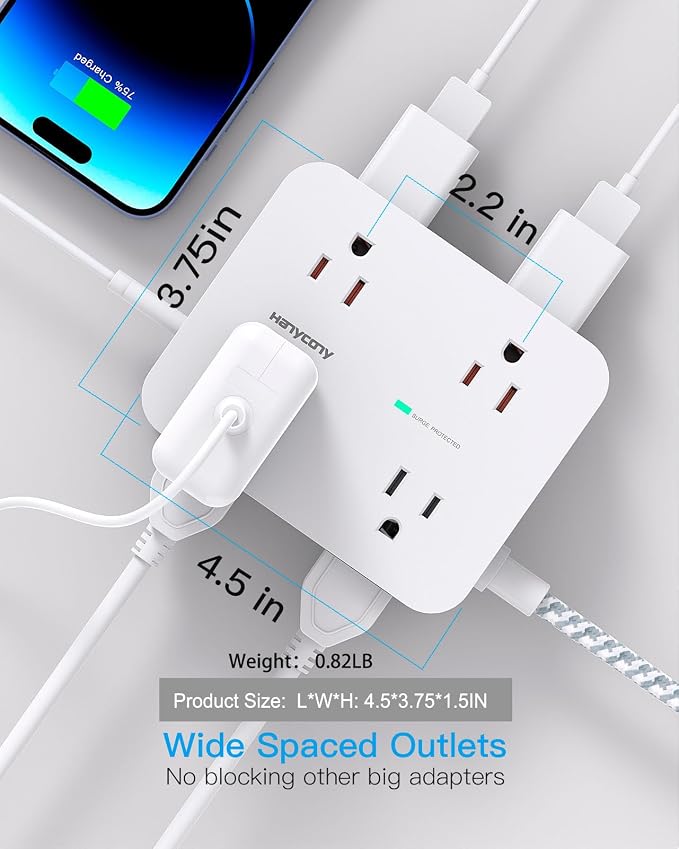 HANYCONY Surge Protector Power Strip, 10 Ft Braided Extension Cord, 1080J | 8 - Image 4