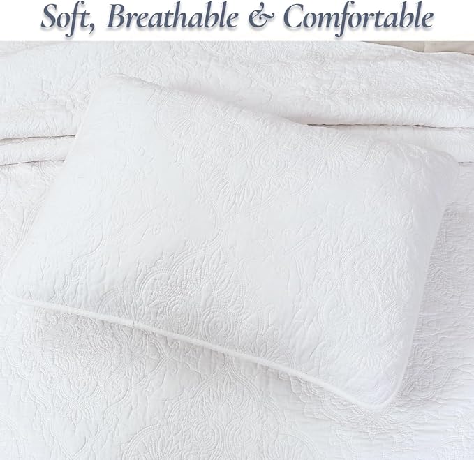 Cozy Line Home Fashions Solid White 100% Cotton Quilt Set, Queen | 3-Piece - Image 2