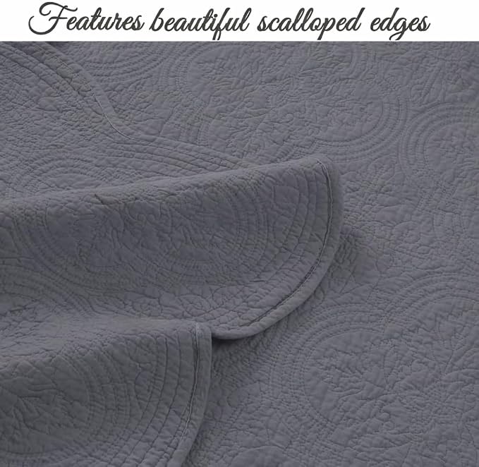 Cozy Line Home Fashions Charcoal Gray Cotton Quilt Set – 3-Piece Solid Textured - Image 3