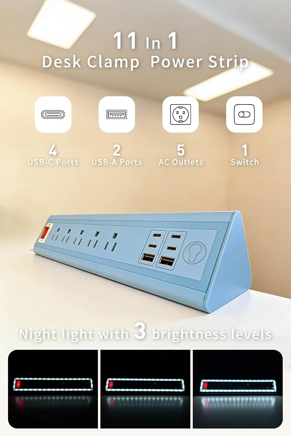 Desk Clamp Power Strip with Nightlight, 40W Fast Charging, 10FT Extension Cord - Image 2