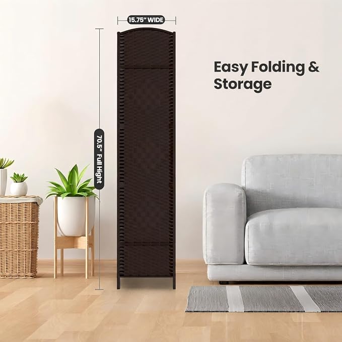 6 Panel Folding Room Divider, Woven Privacy Screen, Chocolate | Solid wood frame - Image 7