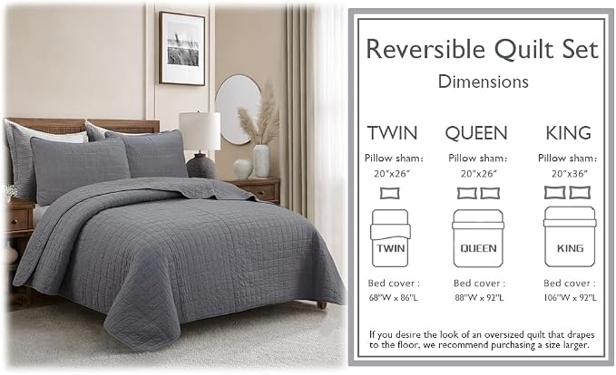 Cozy Line Home Fashions 100% Cotton Quilt Set – 3-Piece Charcoal Gray Solid - Image 7