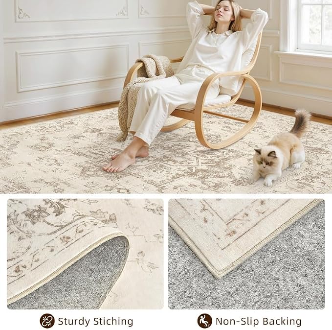 Washable Area Rugs 2x3: Living Room Bedroom Carpet Beige/Ivory | Vintage Boho - Image 7