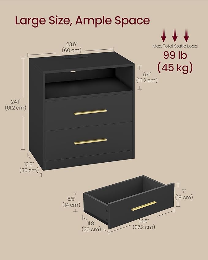 VASAGLE 23.6‑Inch Wide Nightstands, LED Lights, 2 Drawers | Modern Side End - Image 2