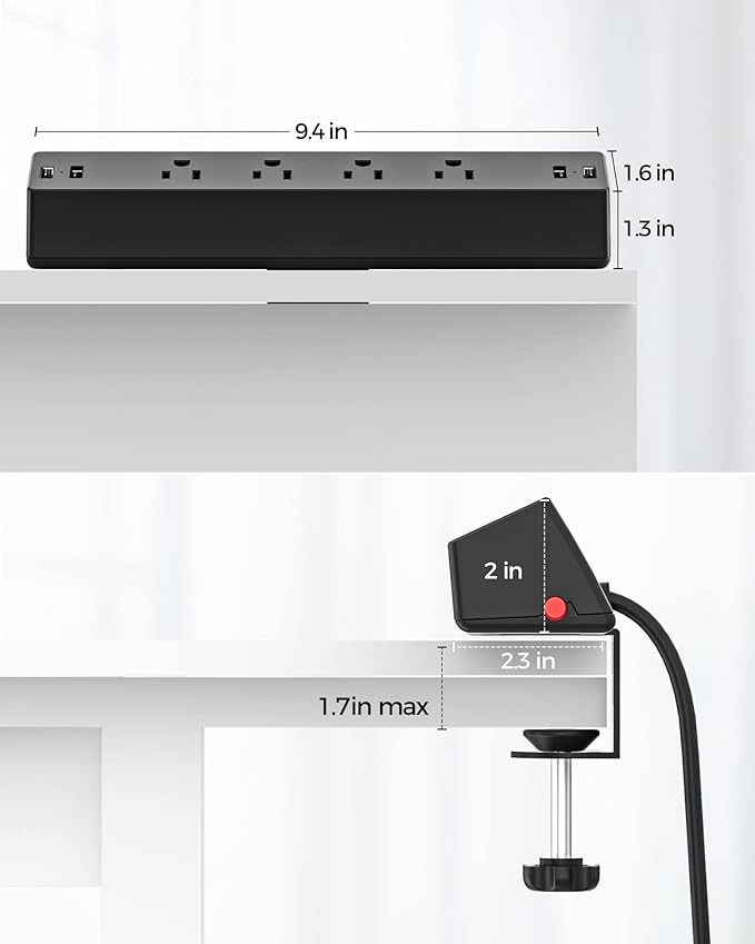 Desk Clamp Power Strip, 4 AC Outlets 4 USB Ports, Fit 1.7'' Tabletop Edge | PD - Image 5