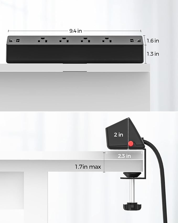 Desk Clamp Power Strip, 4 AC Outlets 4 USB Ports, Fit 1.7in Tabletop Edge | PD - Image 6