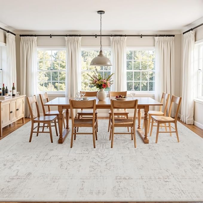 Area Rugs 9x12 Living Room: Bedroom Washable Carpet Neutral Cream | Large - Image 3