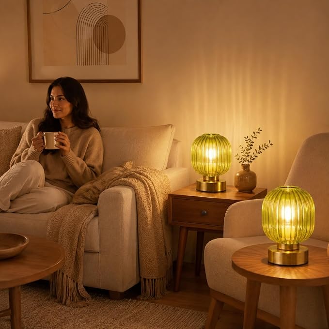 Elenhome Green Touch Glass Table Lamp Set of 2, 3-Way Dimmable Bedside Lamps - Image 5