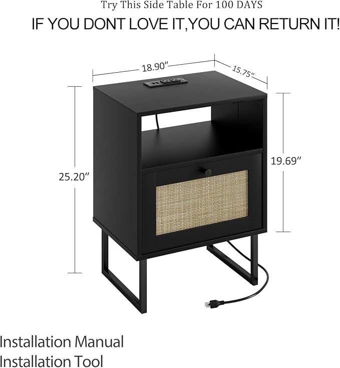 Masupu Extra Large Rattan Nightstand, Boho Night Stand Modern Farmhouse Wood - Image 2