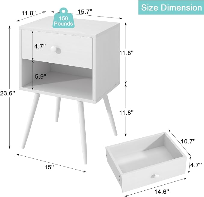 VECELO Nightstands Set of 2, Mid Century Modern End Bedside Table, Night Stand - Image 2