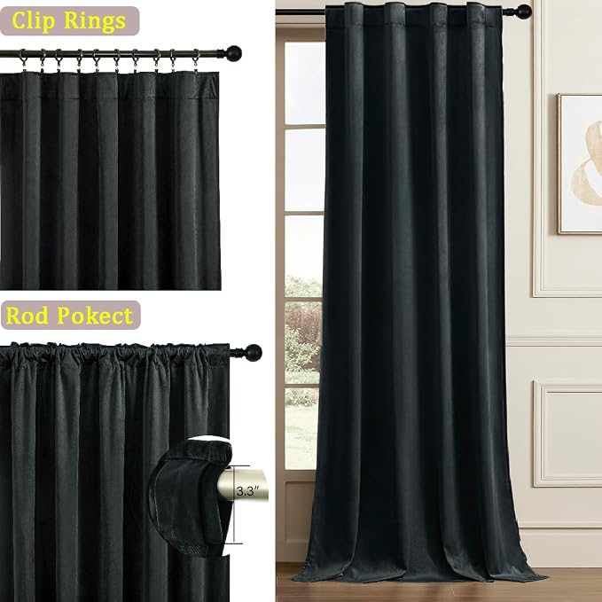 Timeper Black Velvet Curtain W104 x L84 inches 1 Panel, Thermal Insulated - Image 2