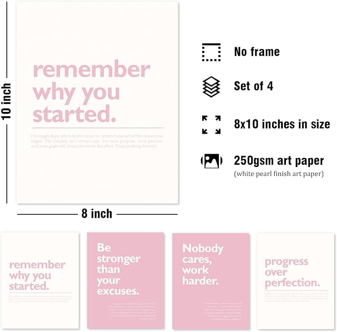 DSHFG Pink Motivational Inspirational Office Wall Art Decor Prints Set of 4 | - Image 2
