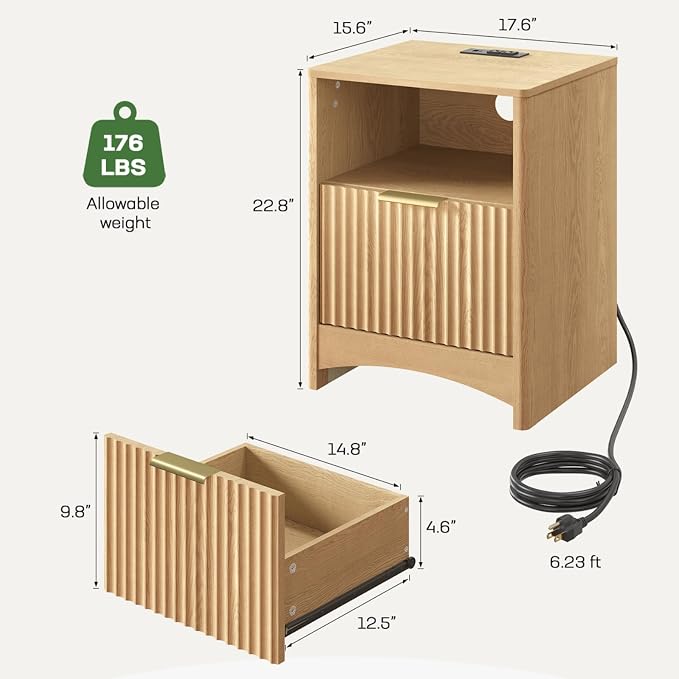 Marsail Wooden Nightstand with Drawer, Modern Night Stand with Charging Station - Image 2