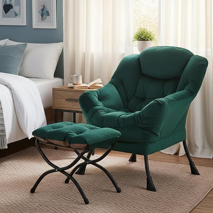 Welnow Lazy Chair with Ottoman, Reading Chair with Footrest, Dark Green | A - Image 8