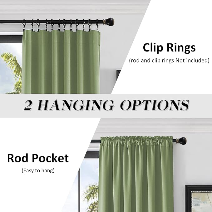 Sage Green Curtains 96 Inch Length Thermal Insulated Room Darkening Blackout - Image 2