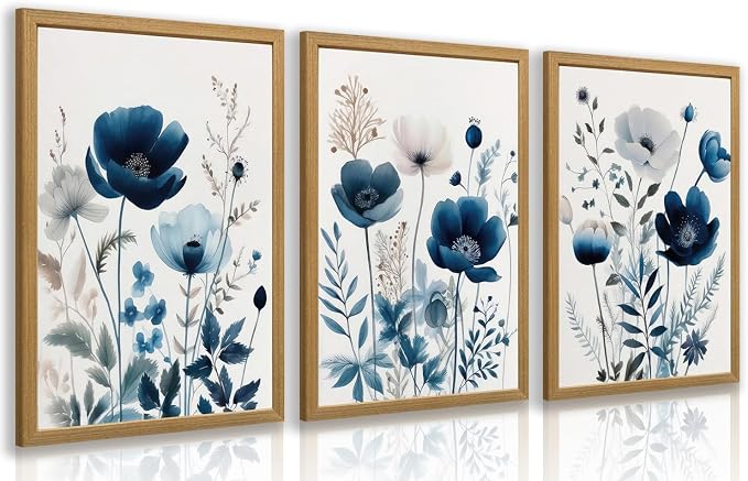 LLEEMPI Navy Blue Floral Wall Art Set of 3, 12x16 Wood Framed Canvas Prints | by Unknown