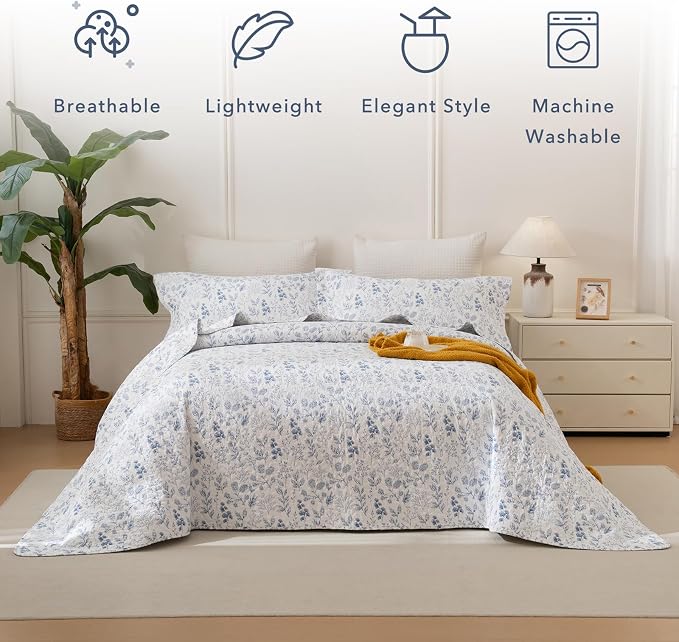 QSH Blue & White Floral Cotton Quilt Set Queen, 3 Pieces Botanical Flower - Image 2