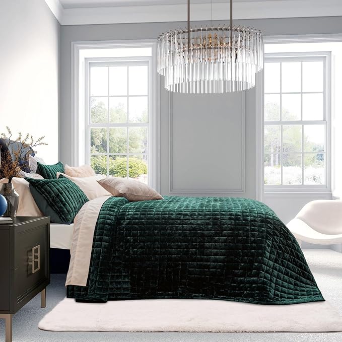 RECYCO Channel Box Stitch Velvet Quilt Set, King Size, Emerald Green | Ultra - Image 2