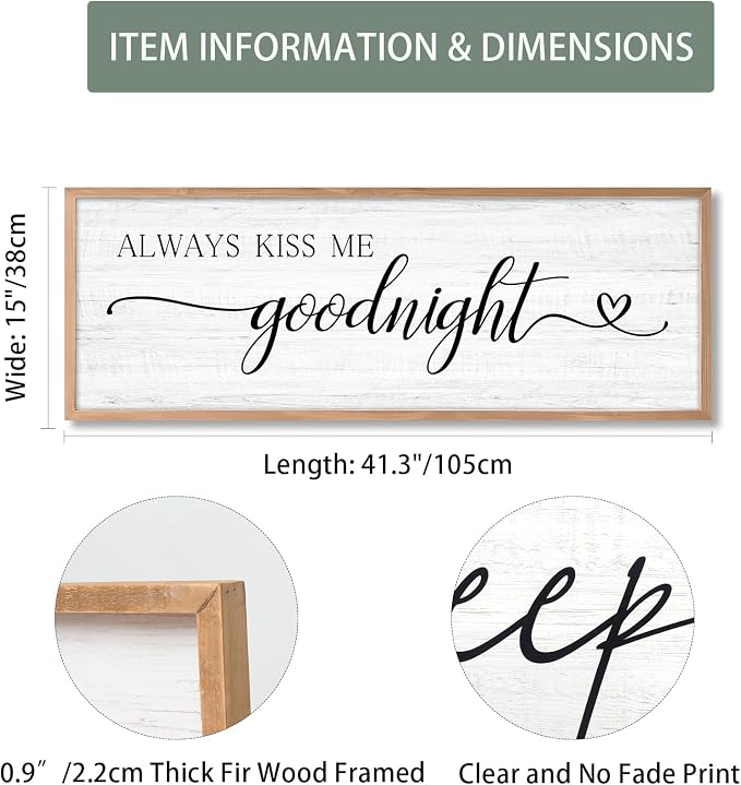 Always Kiss Me Goodnight Wall Sign Above Bed 41.3''×15'' Large Farmhouse Wall - Image 2
