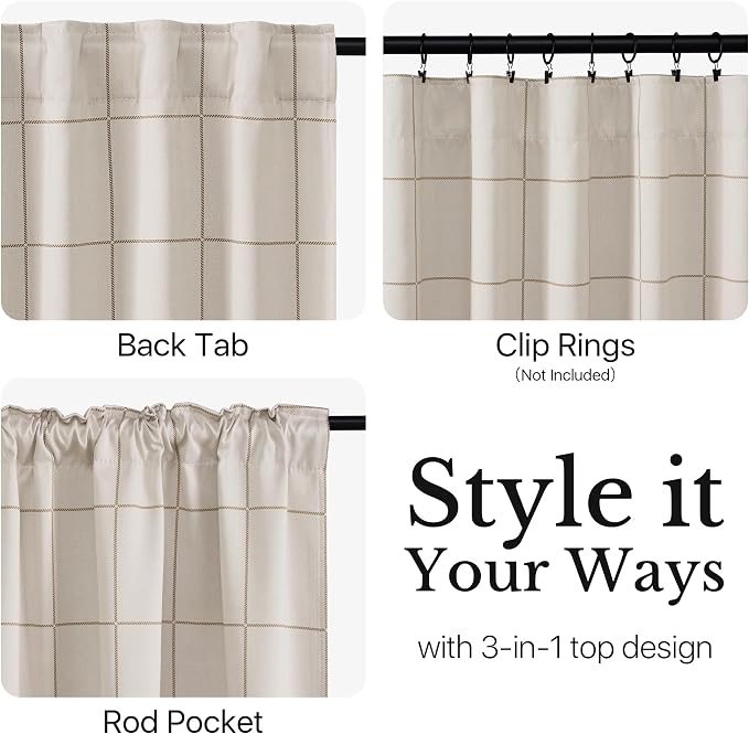 NICETOWN 100% Blackout Taupe Plaid Valances, 2 Panels | Rod Pocket & Back Tab - Image 8
