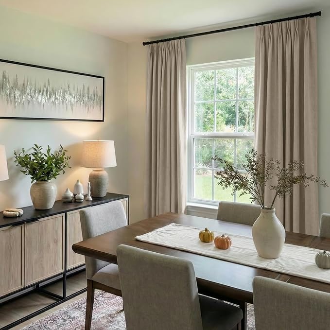 Pinch Pleated Full Blackout Faux Linen Curtains 90 Inches Long | Grey Beige - Image 5