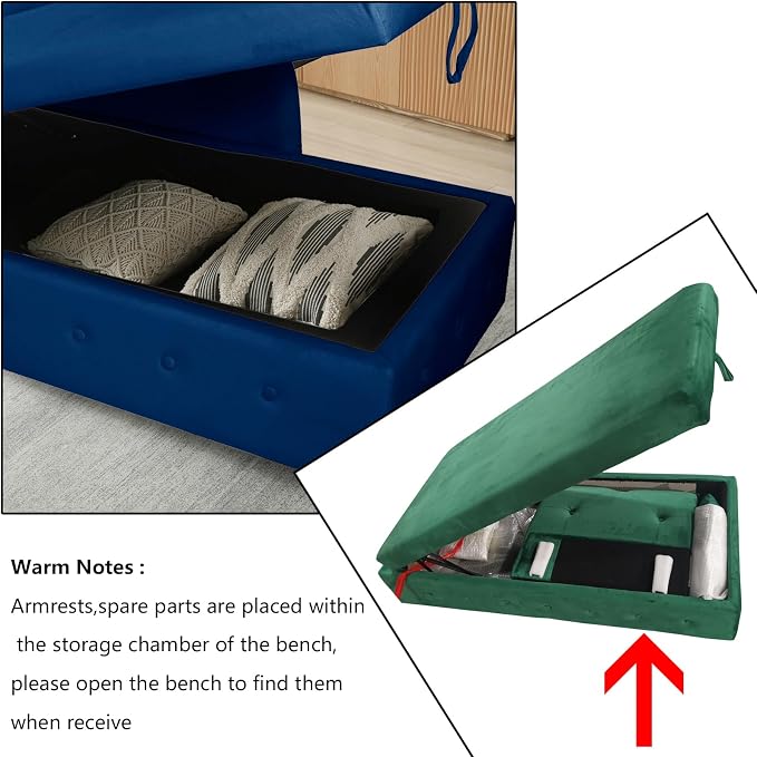 Aoowow Blue Velvet Bedroom Storage Bench End of Bed, Rolled Arm Couch Indoor - Image 5