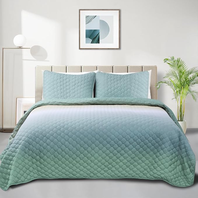 Quilt Set Full Queen Size 3 Piece, Gradient Green Pattern Printed Bedding by SchnauzerHome