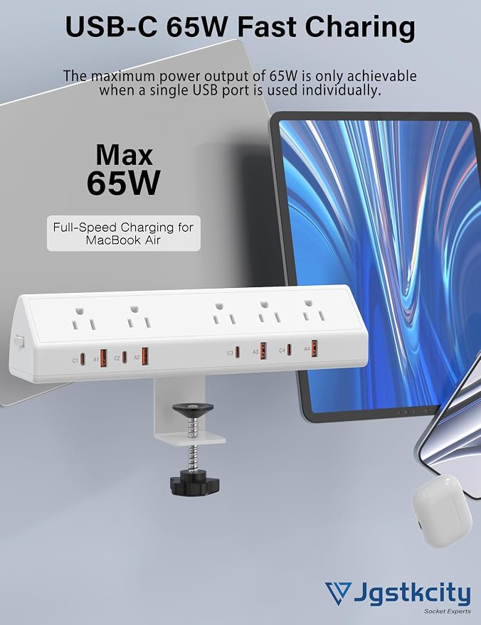 Jgstkcity Desk Clamp Power Strip USB C 65W, 8 USB, 10FT Cable, Fit 1.96'' - Image 3