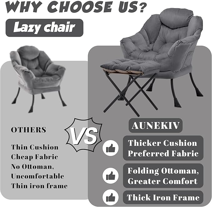 Lazy Chair with Ottoman, Comfy Reading Chair, Darkgrey | Cushioned Seat with - Image 4