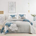 DJY 3 Pieces Quilt Set Full Size Blue Floral Pattern Quilt Coverlet Set Elegant by HOME