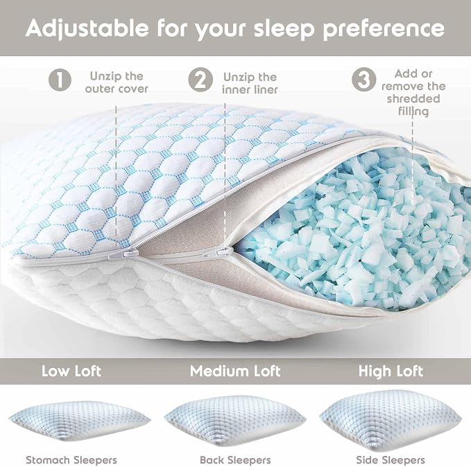 Nestl Cooling Pillow for Sleeping 2 Pack, Luxury Shredded Memory Foam Pillows - Image 4