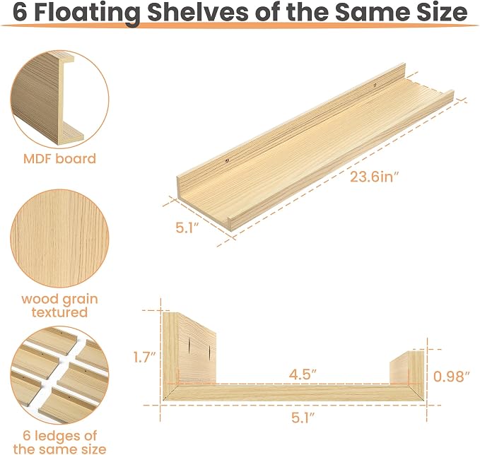 upsimples Floating Shelves for Wall Decor Storage, 23.6'' | Wall Mounted Wood - Image 3