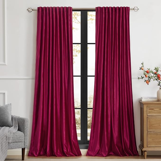 PRIMROSE Red Curtains 63 inch for Living Room Velvet Drapes Blackout Rod Pocket - Image 3