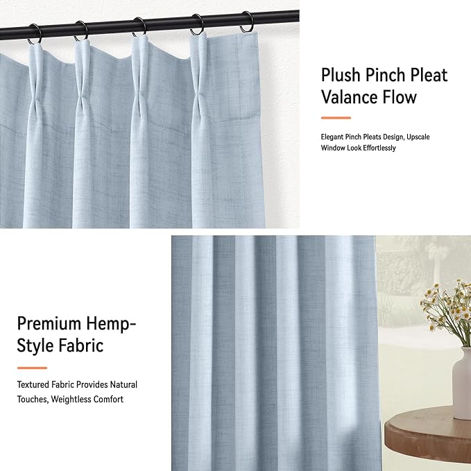 Pinch Pleated Full Blackout Faux Linen Curtains 102 Inches Long | Chambray Blue - Image 8