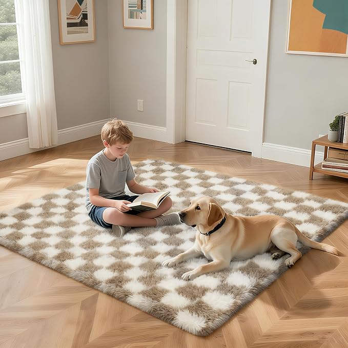 Beige and White 2x4 Area Rugs for Bedroom, Fluffy Rug Small Bedside Carpet | - Image 4