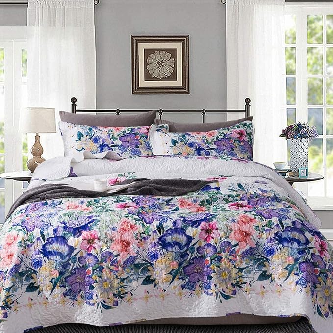 Queen Quilt Set 3-Piece Bedspread Quilted Oversized Lightweight Microfiber by Travan