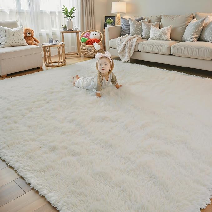 4x6 Area Rugs for Bedroom, Cream Soft Fluffy Shag Bedside Rugs | Non-Slip Floor - Image 7