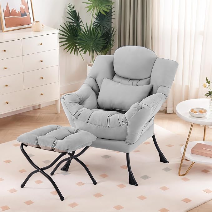 Furlide Lazy Chair with Ottoman, Modern Lounge Chair with Lumbar Pillow by Furlide