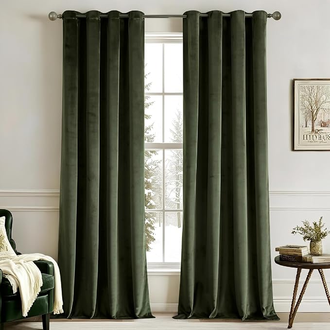MIULEE Olive Velvet Curtains Green 52 x 96 Inch Length Set of 2 | Grommet Drapes by MIULEE