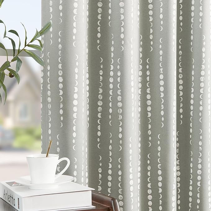 jinchan Boho Blackout Curtains 84 Inches Long Moon Phase Printed Drapes | Grey - Image 2